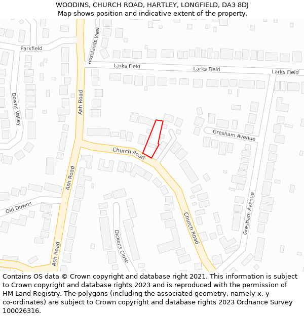 WOODINS, CHURCH ROAD, HARTLEY, LONGFIELD, DA3 8DJ: Location map and indicative extent of plot