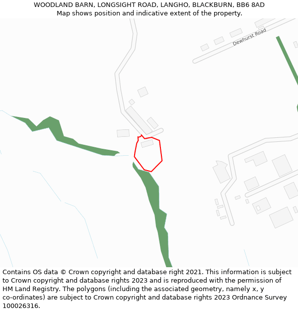 WOODLAND BARN, LONGSIGHT ROAD, LANGHO, BLACKBURN, BB6 8AD: Location map and indicative extent of plot