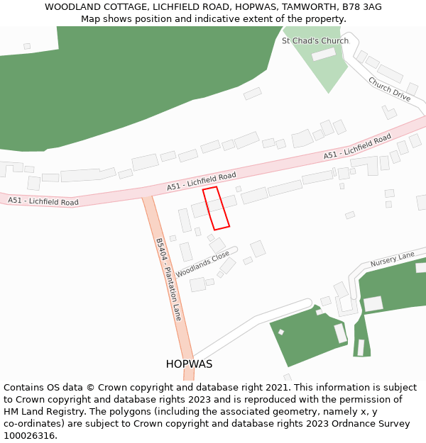 WOODLAND COTTAGE, LICHFIELD ROAD, HOPWAS, TAMWORTH, B78 3AG: Location map and indicative extent of plot