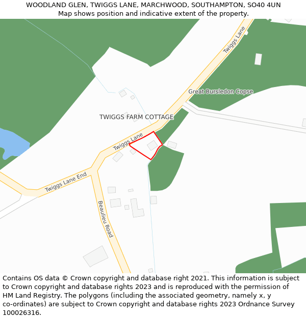 WOODLAND GLEN, TWIGGS LANE, MARCHWOOD, SOUTHAMPTON, SO40 4UN: Location map and indicative extent of plot