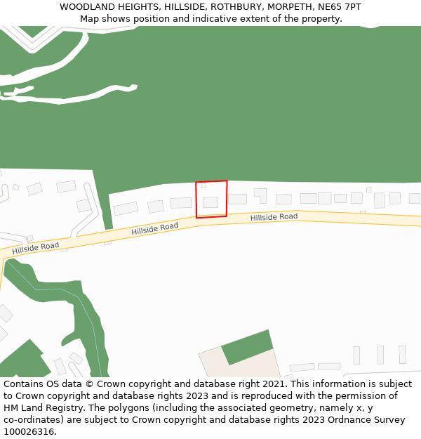 WOODLAND HEIGHTS, HILLSIDE, ROTHBURY, MORPETH, NE65 7PT: Location map and indicative extent of plot