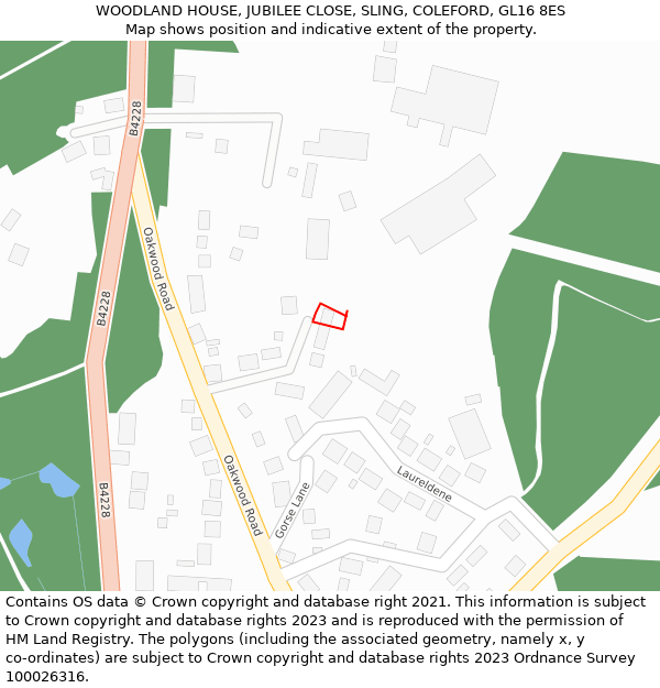 WOODLAND HOUSE, JUBILEE CLOSE, SLING, COLEFORD, GL16 8ES: Location map and indicative extent of plot