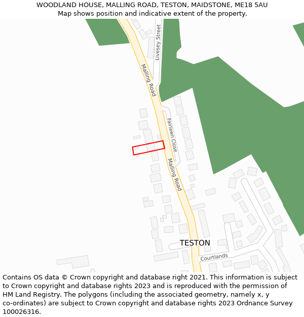 WOODLAND HOUSE, MALLING ROAD, TESTON, MAIDSTONE, ME18 5AU: Location map and indicative extent of plot