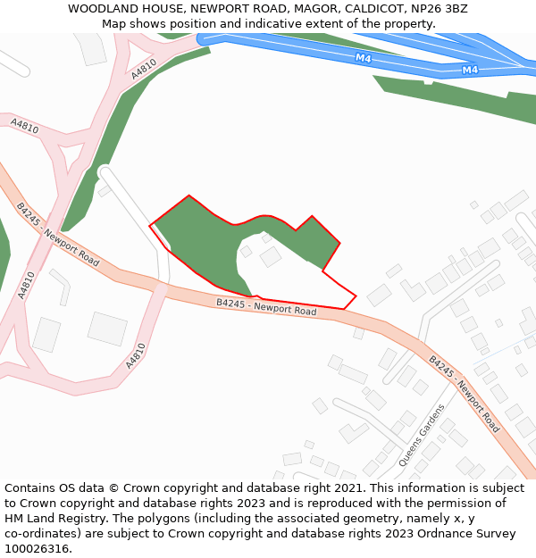 WOODLAND HOUSE, NEWPORT ROAD, MAGOR, CALDICOT, NP26 3BZ: Location map and indicative extent of plot