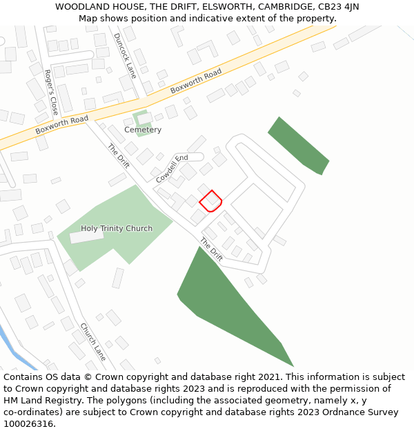 WOODLAND HOUSE, THE DRIFT, ELSWORTH, CAMBRIDGE, CB23 4JN: Location map and indicative extent of plot