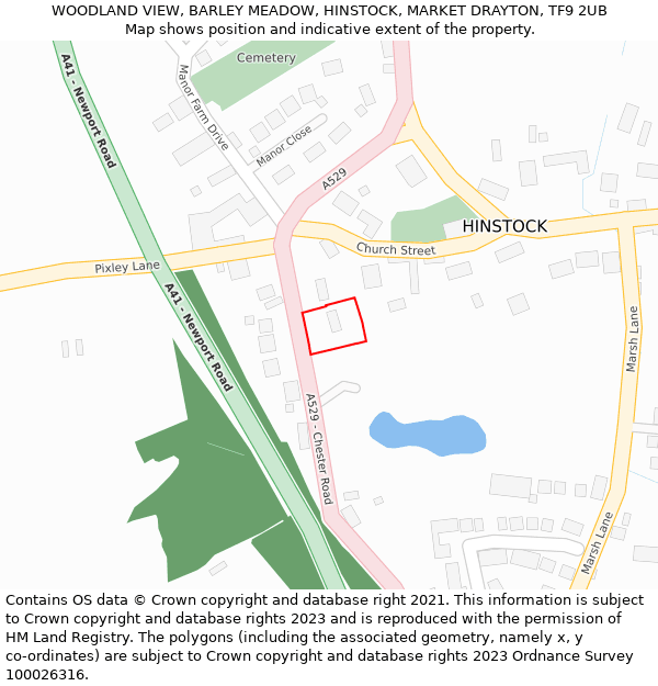 WOODLAND VIEW, BARLEY MEADOW, HINSTOCK, MARKET DRAYTON, TF9 2UB: Location map and indicative extent of plot