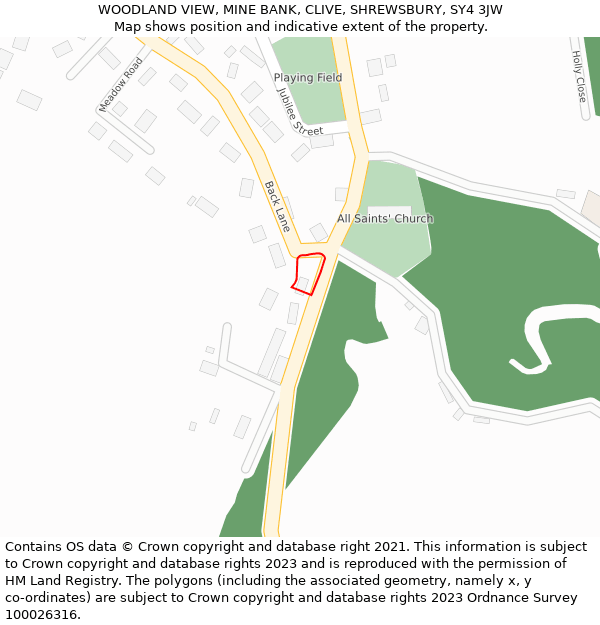 WOODLAND VIEW, MINE BANK, CLIVE, SHREWSBURY, SY4 3JW: Location map and indicative extent of plot