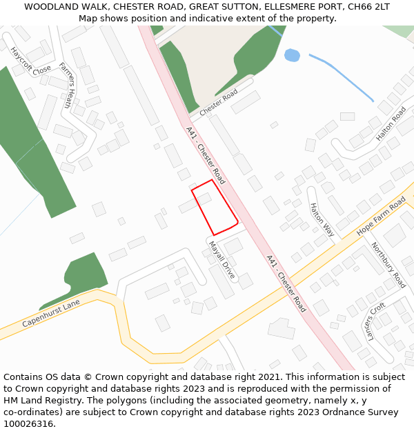 WOODLAND WALK, CHESTER ROAD, GREAT SUTTON, ELLESMERE PORT, CH66 2LT: Location map and indicative extent of plot