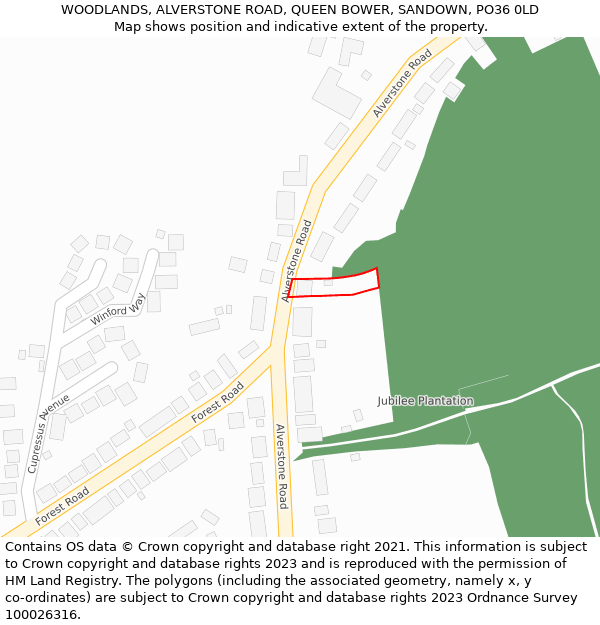 WOODLANDS, ALVERSTONE ROAD, QUEEN BOWER, SANDOWN, PO36 0LD: Location map and indicative extent of plot