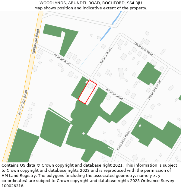 WOODLANDS, ARUNDEL ROAD, ROCHFORD, SS4 3JU: Location map and indicative extent of plot