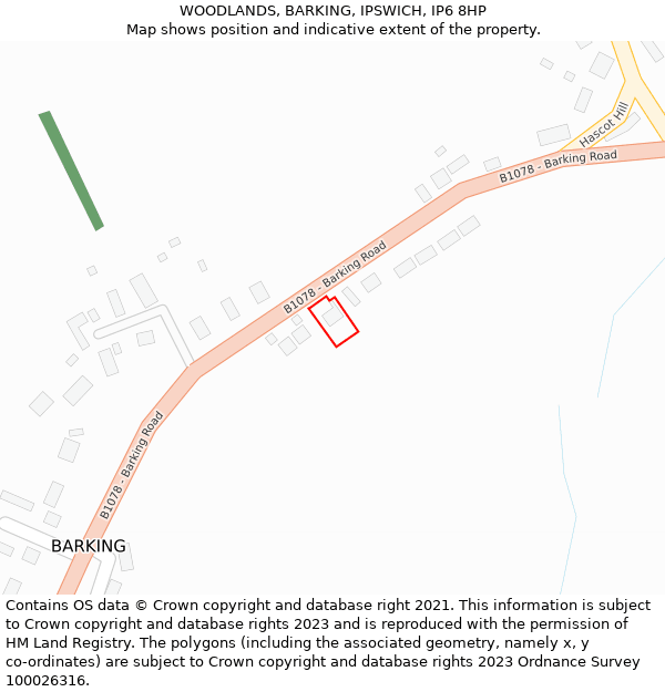 WOODLANDS, BARKING, IPSWICH, IP6 8HP: Location map and indicative extent of plot