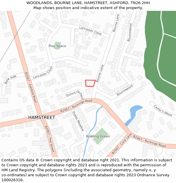 WOODLANDS, BOURNE LANE, HAMSTREET, ASHFORD, TN26 2HH: Location map and indicative extent of plot