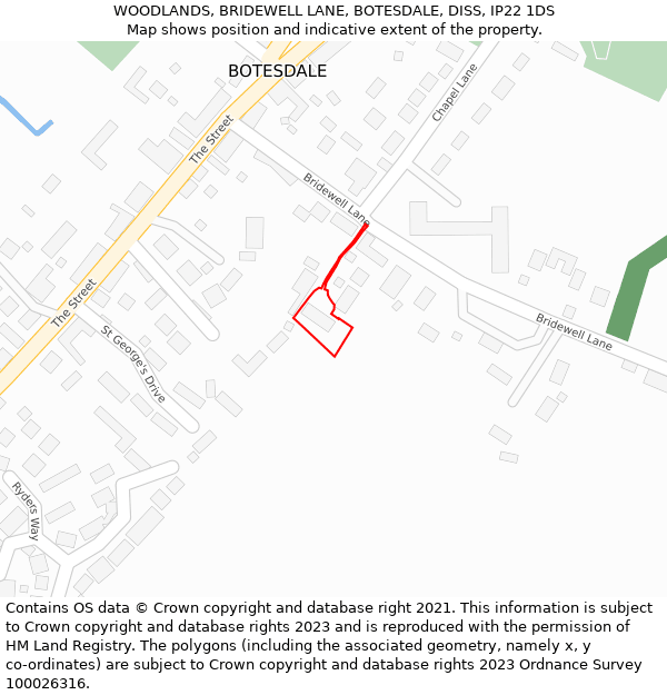 WOODLANDS, BRIDEWELL LANE, BOTESDALE, DISS, IP22 1DS: Location map and indicative extent of plot