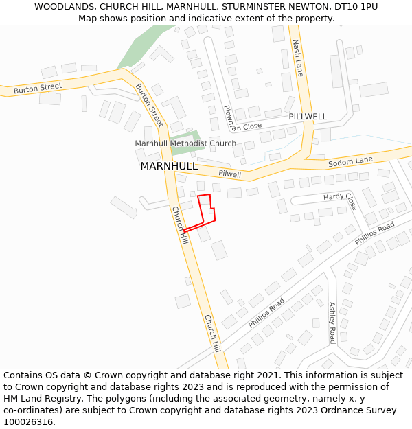 WOODLANDS, CHURCH HILL, MARNHULL, STURMINSTER NEWTON, DT10 1PU: Location map and indicative extent of plot