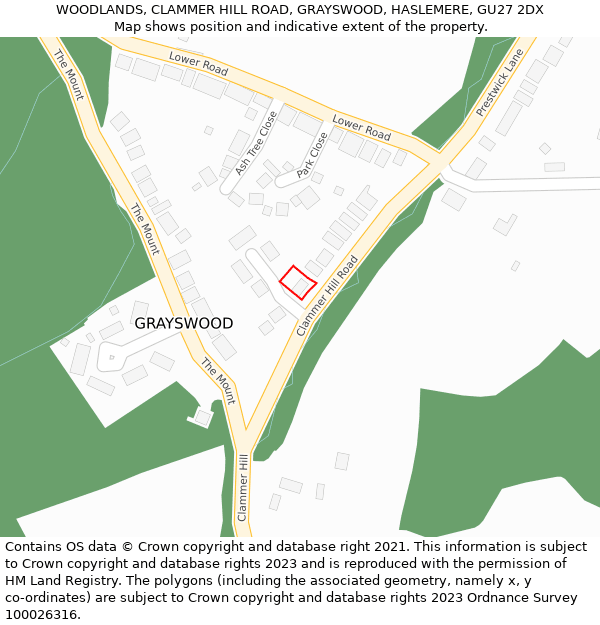 WOODLANDS, CLAMMER HILL ROAD, GRAYSWOOD, HASLEMERE, GU27 2DX: Location map and indicative extent of plot