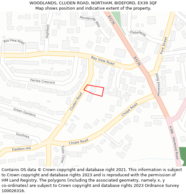 WOODLANDS, CLUDEN ROAD, NORTHAM, BIDEFORD, EX39 3QF: Location map and indicative extent of plot