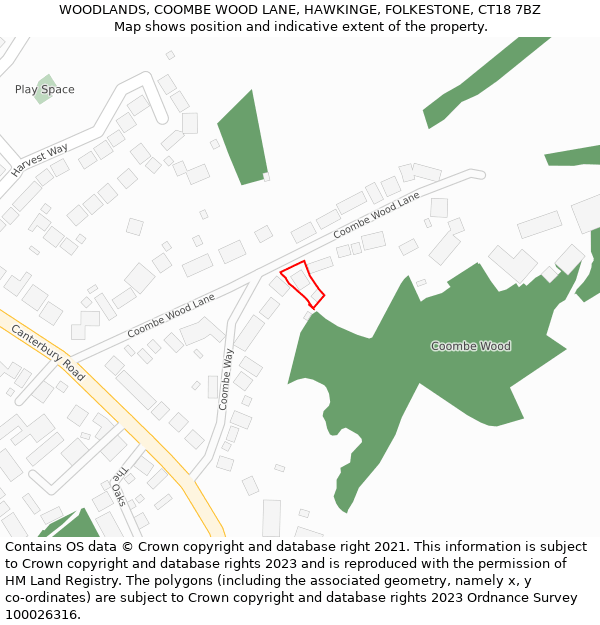 WOODLANDS, COOMBE WOOD LANE, HAWKINGE, FOLKESTONE, CT18 7BZ: Location map and indicative extent of plot