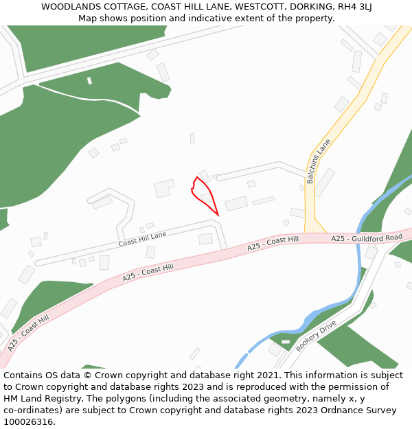 WOODLANDS COTTAGE, COAST HILL LANE, WESTCOTT, DORKING, RH4 3LJ: Location map and indicative extent of plot