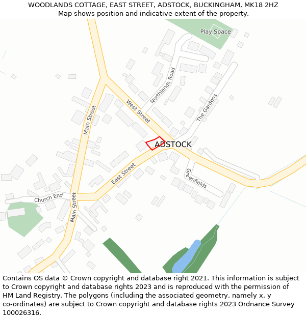 WOODLANDS COTTAGE, EAST STREET, ADSTOCK, BUCKINGHAM, MK18 2HZ: Location map and indicative extent of plot