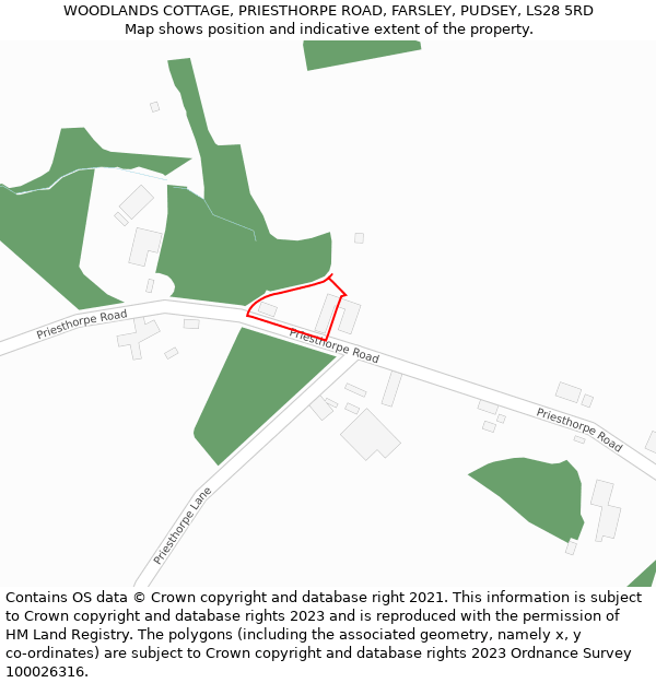 WOODLANDS COTTAGE, PRIESTHORPE ROAD, FARSLEY, PUDSEY, LS28 5RD: Location map and indicative extent of plot