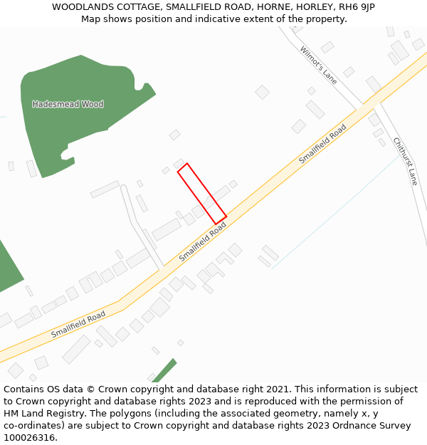 WOODLANDS COTTAGE, SMALLFIELD ROAD, HORNE, HORLEY, RH6 9JP: Location map and indicative extent of plot