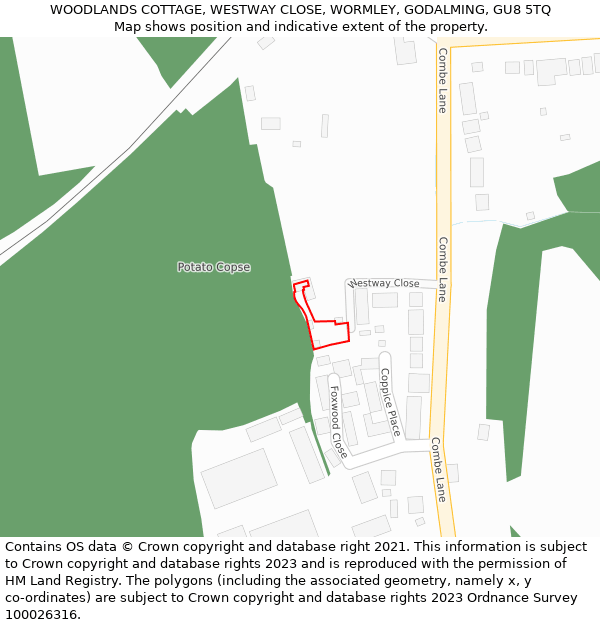 WOODLANDS COTTAGE, WESTWAY CLOSE, WORMLEY, GODALMING, GU8 5TQ: Location map and indicative extent of plot