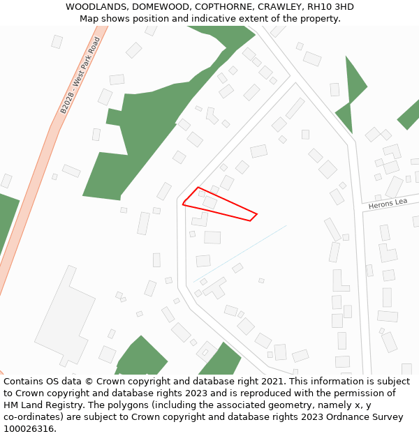 WOODLANDS, DOMEWOOD, COPTHORNE, CRAWLEY, RH10 3HD: Location map and indicative extent of plot