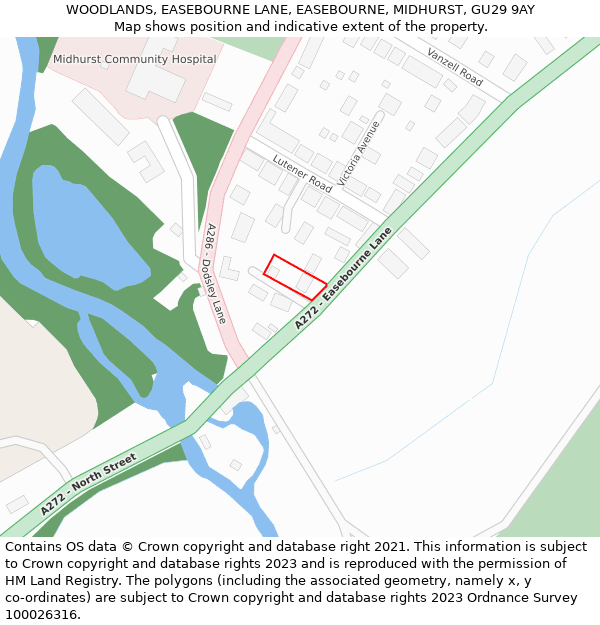 WOODLANDS, EASEBOURNE LANE, EASEBOURNE, MIDHURST, GU29 9AY: Location map and indicative extent of plot