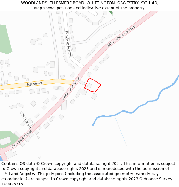WOODLANDS, ELLESMERE ROAD, WHITTINGTON, OSWESTRY, SY11 4DJ: Location map and indicative extent of plot