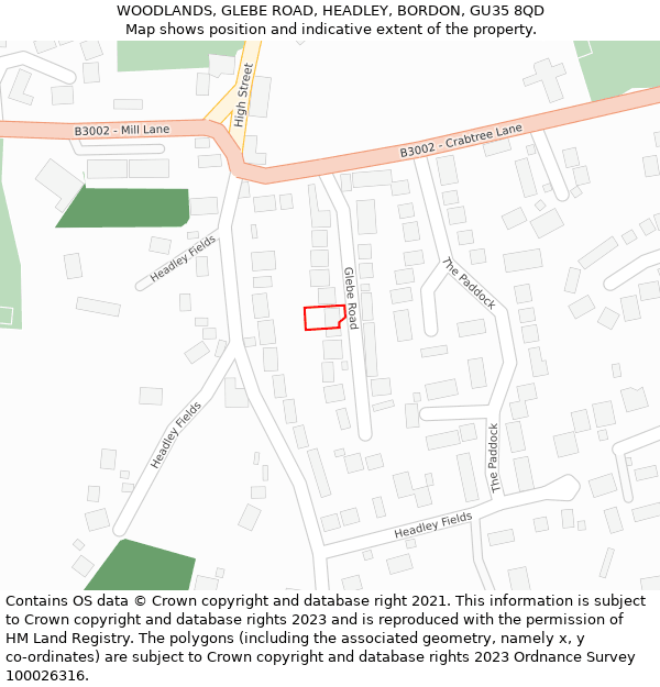 WOODLANDS, GLEBE ROAD, HEADLEY, BORDON, GU35 8QD: Location map and indicative extent of plot