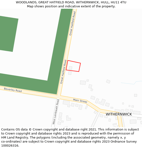 WOODLANDS, GREAT HATFIELD ROAD, WITHERNWICK, HULL, HU11 4TU: Location map and indicative extent of plot