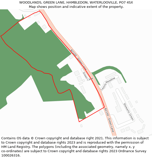 WOODLANDS, GREEN LANE, HAMBLEDON, WATERLOOVILLE, PO7 4SX: Location map and indicative extent of plot