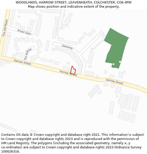 WOODLANDS, HARROW STREET, LEAVENHEATH, COLCHESTER, CO6 4PW: Location map and indicative extent of plot