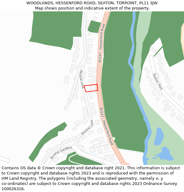 WOODLANDS, HESSENFORD ROAD, SEATON, TORPOINT, PL11 3JW: Location map and indicative extent of plot
