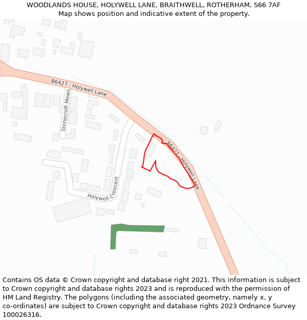WOODLANDS HOUSE, HOLYWELL LANE, BRAITHWELL, ROTHERHAM, S66 7AF: Location map and indicative extent of plot