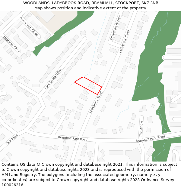 WOODLANDS, LADYBROOK ROAD, BRAMHALL, STOCKPORT, SK7 3NB: Location map and indicative extent of plot