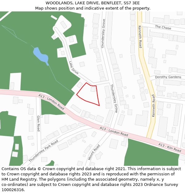 WOODLANDS, LAKE DRIVE, BENFLEET, SS7 3EE: Location map and indicative extent of plot