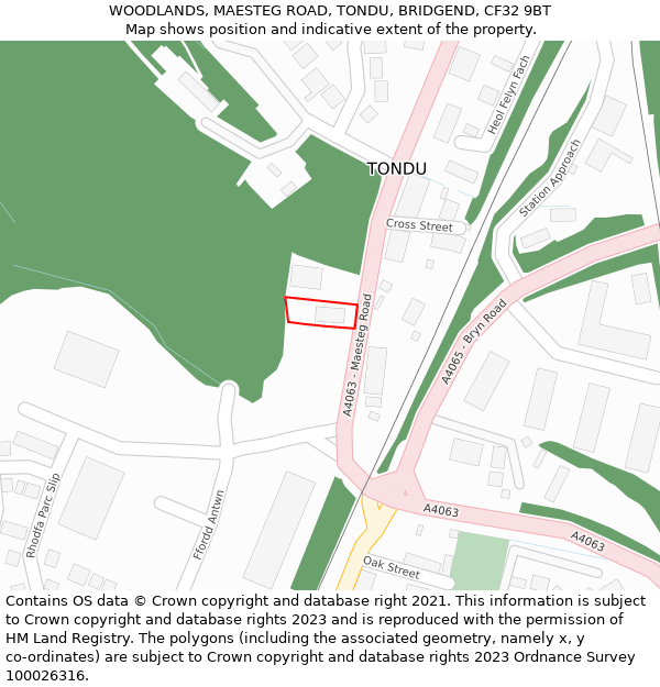 WOODLANDS, MAESTEG ROAD, TONDU, BRIDGEND, CF32 9BT: Location map and indicative extent of plot