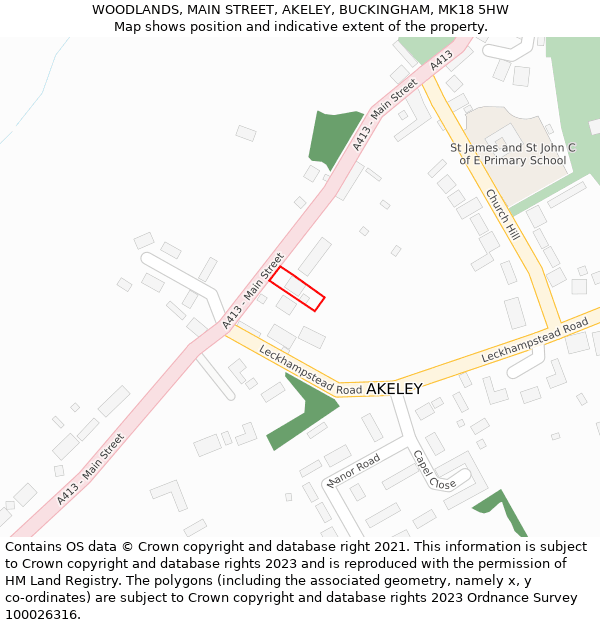 WOODLANDS, MAIN STREET, AKELEY, BUCKINGHAM, MK18 5HW: Location map and indicative extent of plot