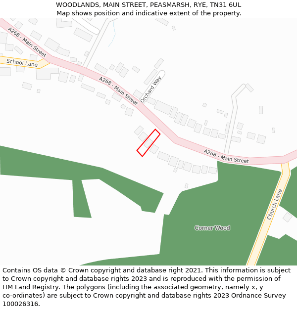 WOODLANDS, MAIN STREET, PEASMARSH, RYE, TN31 6UL: Location map and indicative extent of plot