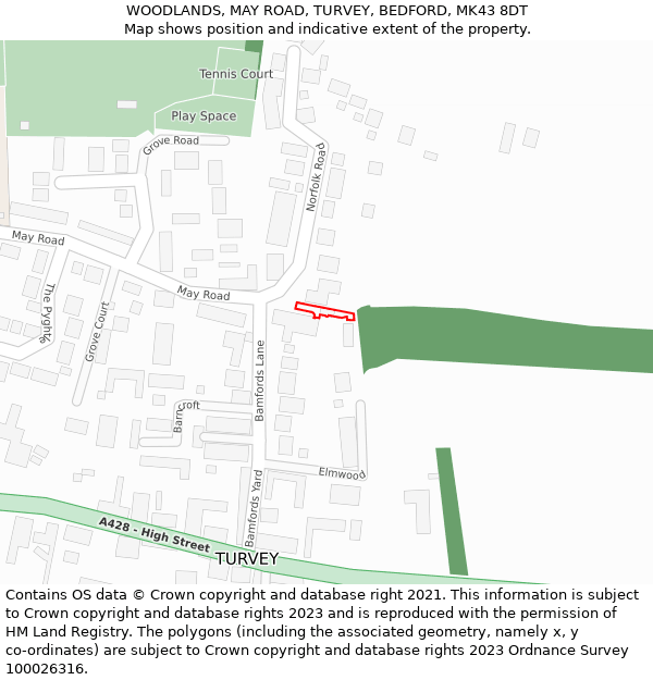 WOODLANDS, MAY ROAD, TURVEY, BEDFORD, MK43 8DT: Location map and indicative extent of plot