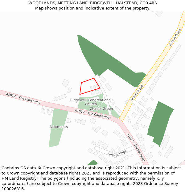 WOODLANDS, MEETING LANE, RIDGEWELL, HALSTEAD, CO9 4RS: Location map and indicative extent of plot