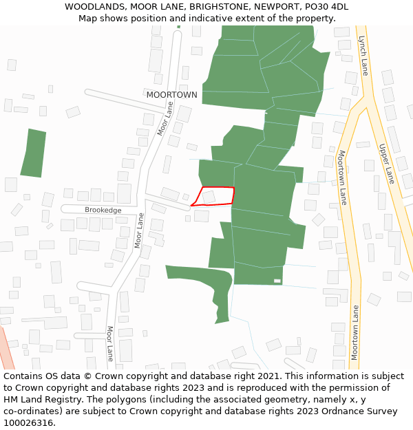 WOODLANDS, MOOR LANE, BRIGHSTONE, NEWPORT, PO30 4DL: Location map and indicative extent of plot