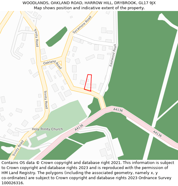 WOODLANDS, OAKLAND ROAD, HARROW HILL, DRYBROOK, GL17 9JX: Location map and indicative extent of plot