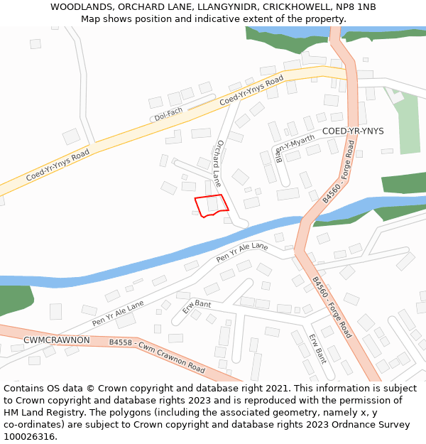 WOODLANDS, ORCHARD LANE, LLANGYNIDR, CRICKHOWELL, NP8 1NB: Location map and indicative extent of plot