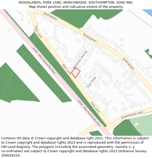 WOODLANDS, PARK LANE, MARCHWOOD, SOUTHAMPTON, SO40 4WL: Location map and indicative extent of plot