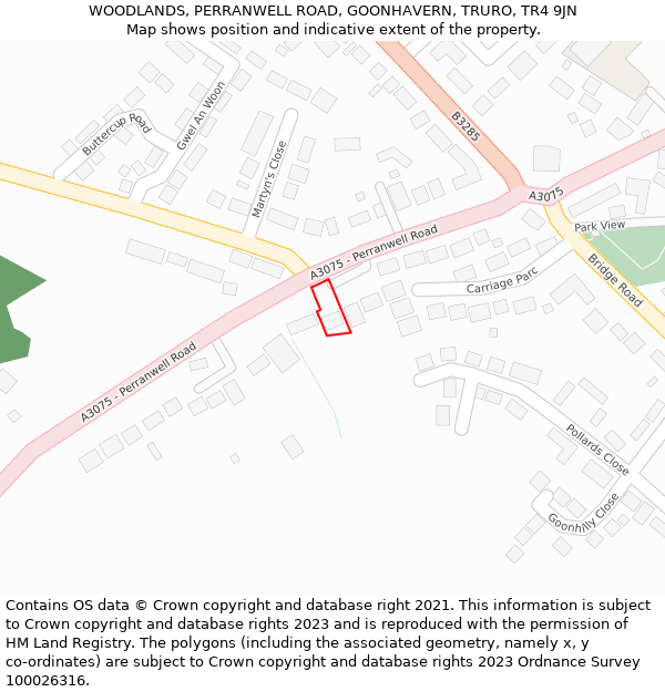 WOODLANDS, PERRANWELL ROAD, GOONHAVERN, TRURO, TR4 9JN: Location map and indicative extent of plot