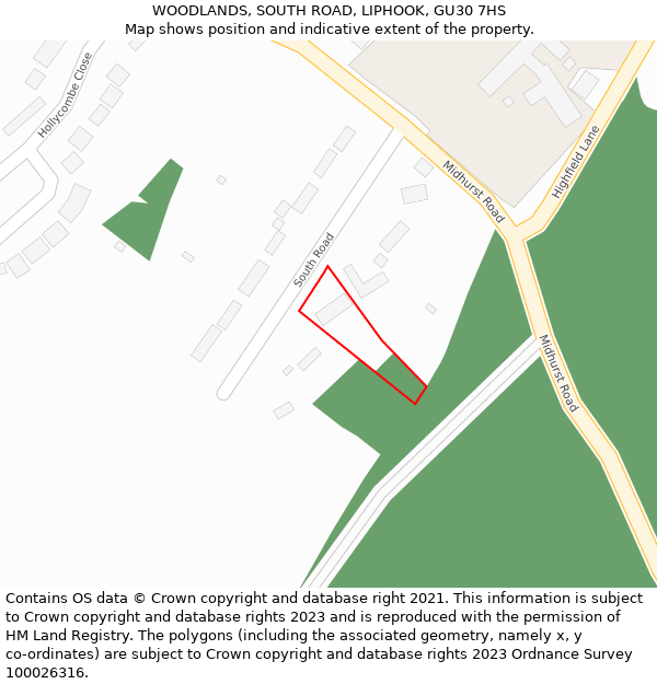 WOODLANDS, SOUTH ROAD, LIPHOOK, GU30 7HS: Location map and indicative extent of plot