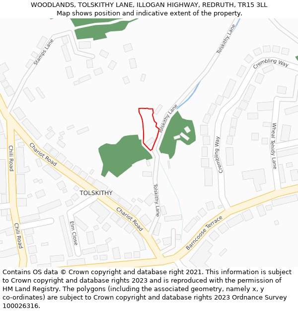 WOODLANDS, TOLSKITHY LANE, ILLOGAN HIGHWAY, REDRUTH, TR15 3LL: Location map and indicative extent of plot