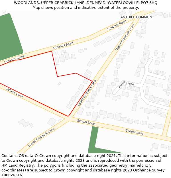 WOODLANDS, UPPER CRABBICK LANE, DENMEAD, WATERLOOVILLE, PO7 6HQ: Location map and indicative extent of plot